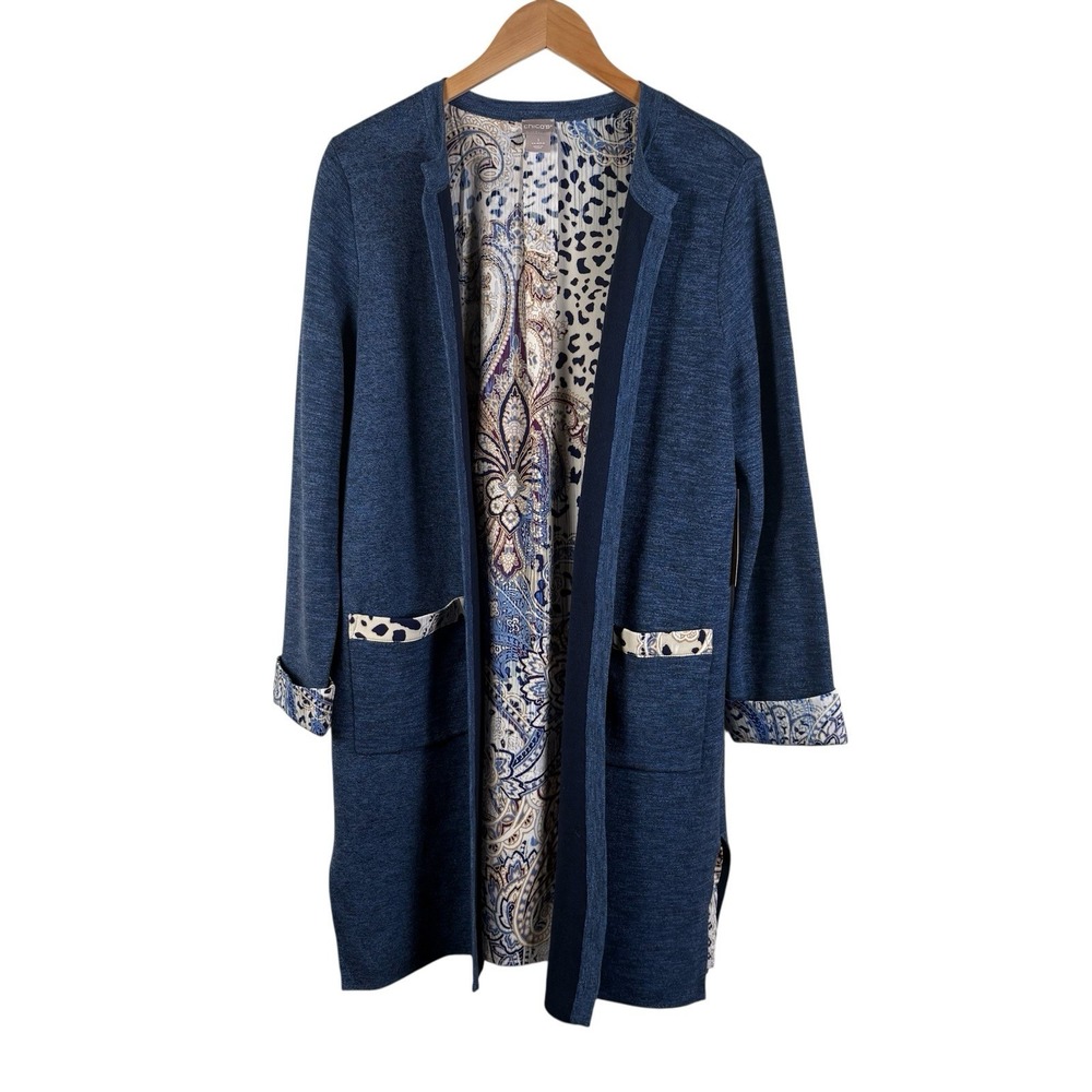 CHICO'S Cardigan Women's Size M Blue Animal Paisley Mid-Length Sweater NWT $139